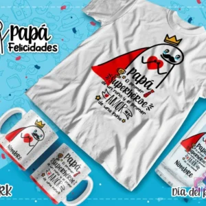 Plantilla Flork con capa roja y corazón, mensaje 'Papá, el primer superhéroe de un niño y el primer amor de una niña' para sublimación.