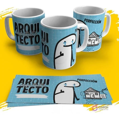 Diseño de taza Flork arquitecto con casa dibujada y Flork llorando humorísticamente por la 'Perfección', fondo azul cielo con cuadrícula. Diseño de taza Flork arquitecto con casa dibujada y Flork llorando humorísticamente por la 'Perfección', fondo azul cielo con cuadrícula.