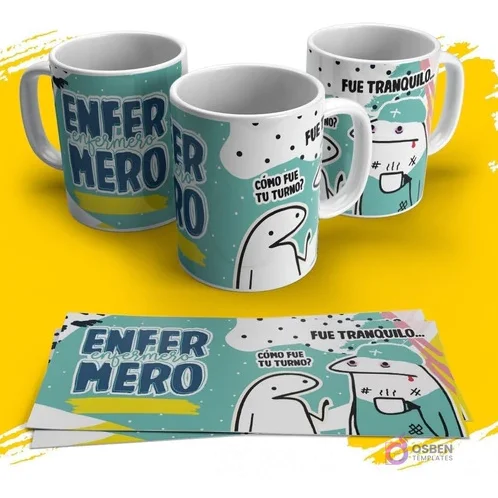 Diseño de sublimación Flork enfermero con humor 'Cómo fue tu turno? Fue tranquilo...' y Flork agotado, fondo turquesa y blanco. Diseño de sublimación Flork enfermero con humor 'Cómo fue tu turno? Fue tranquilo...' y Flork agotado, fondo turquesa y blanco.