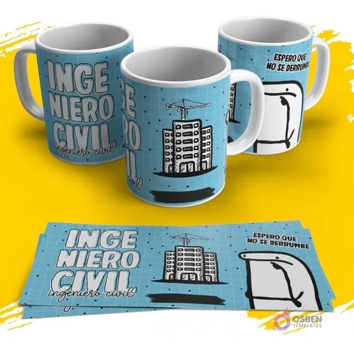 Plantilla para taza Flork ingeniero civil con diseño de edificio y frase 'Espero que no se derrumbe', Flork preocupado, fondo azul y blanco cuadriculado. Plantilla para taza Flork ingeniero civil con diseño de edificio y frase 'Espero que no se derrumbe', Flork preocupado, fondo azul y blanco cuadriculado.