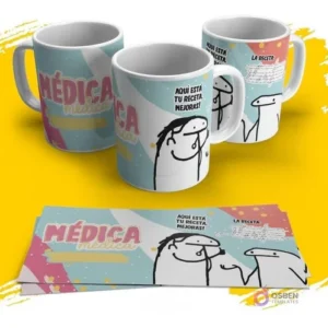 Diseño para taza Flork médica con texto 'Aquí está tu receta. ¡Mejoras!' y Flork entregando una receta, fondo azul pastel y rosa.