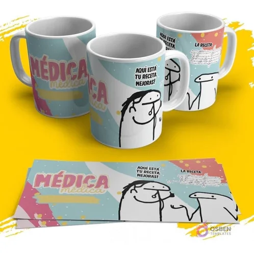 Diseño para taza Flork médica con texto 'Aquí está tu receta. ¡Mejoras!' y Flork entregando una receta, fondo azul pastel y rosa. Diseño para taza Flork médica con texto 'Aquí está tu receta. ¡Mejoras!' y Flork entregando una receta, fondo azul pastel y rosa.