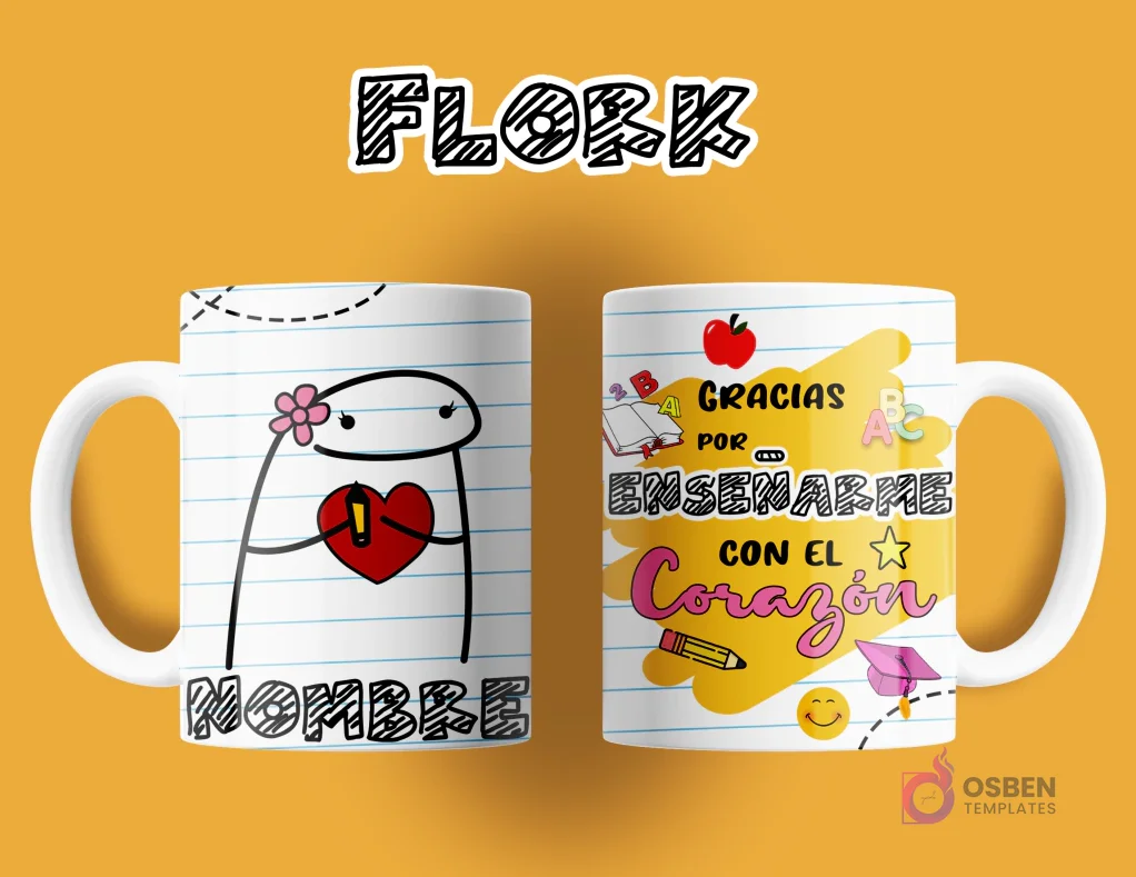 Taza de sublimación Flork para maestra. Anverso: Flork con flor en la cabeza y corazón rojo, espacio para nombre. Reverso: 'GRACIAS POR ENSEÑARME CON EL Corazón', con útiles escolares. Taza de sublimación Flork para maestra. Anverso: Flork con flor en la cabeza y corazón rojo, espacio para nombre. Reverso: 'GRACIAS POR ENSEÑARME CON EL Corazón', con útiles escolares.