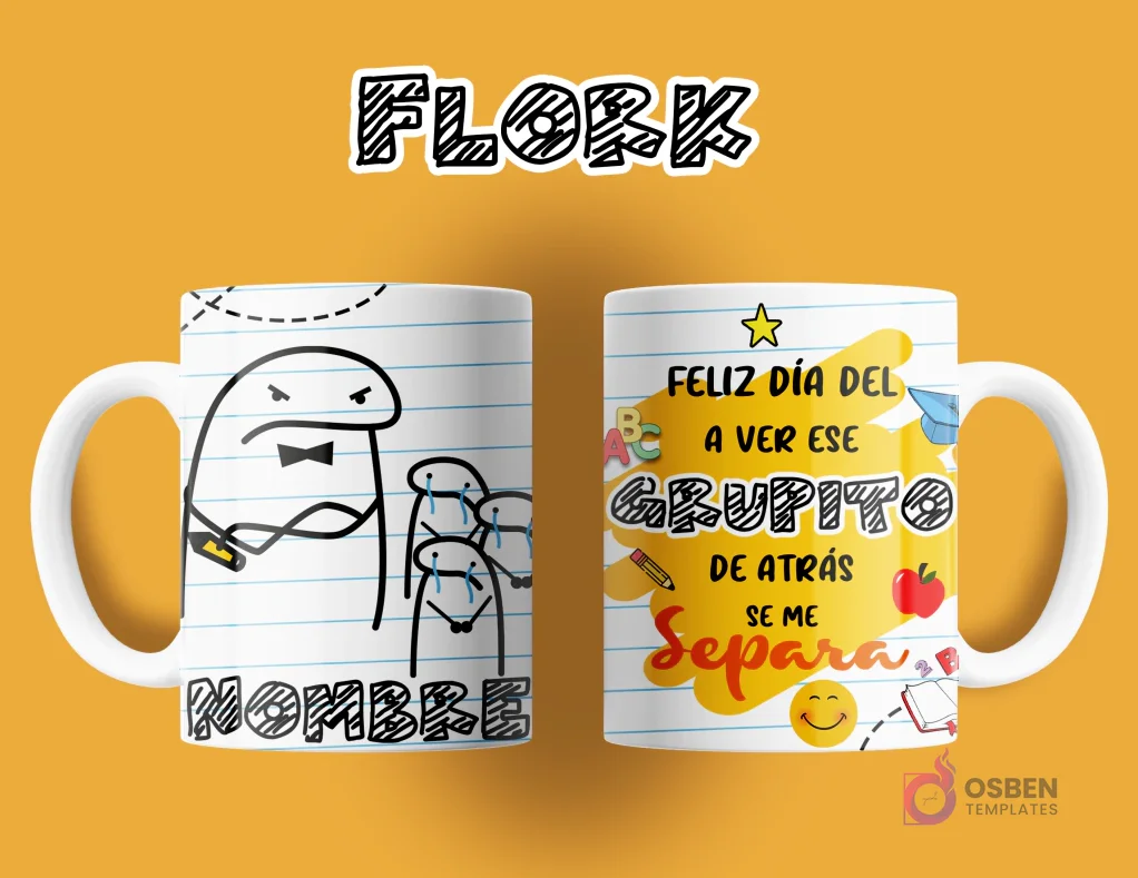 Taza de sublimación Flork para maestro. Anverso: Flork con moño regañando a dos Florks llorando, espacio para nombre. Reverso: 'FELIZ DÍA DEL A VER ESE GRUPITO DE ATRÁS SE ME SEPARA', con elementos de escuela. Taza de sublimación Flork para maestro. Anverso: Flork con moño regañando a dos Florks llorando, espacio para nombre. Reverso: 'FELIZ DÍA DEL A VER ESE GRUPITO DE ATRÁS SE ME SEPARA', con elementos de escuela.