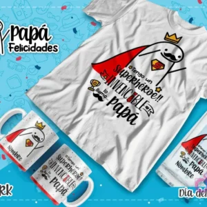 Plantilla Flork con capa de Superman y mensaje 'Tengo un superhéroe invencible y lo llamo... papá' para regalos sublimados del Día del Padre.