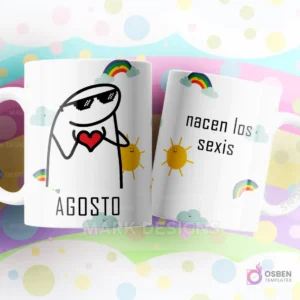 Taza de sublimación Flork de Agosto con gafas de sol y corazón, texto