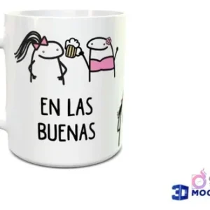 Taza sublimada con diseño Flork de amistad, personajes con cerveza y texto 'En las buenas'
