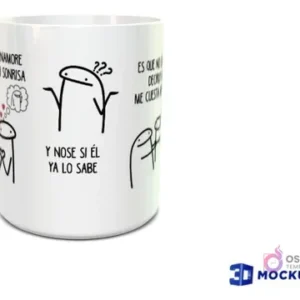 Taza sublimada con diseño Flork de indecisión amorosa, 'Y no sé si él ya lo sabe', 'Es que no decirlo me cuesta'