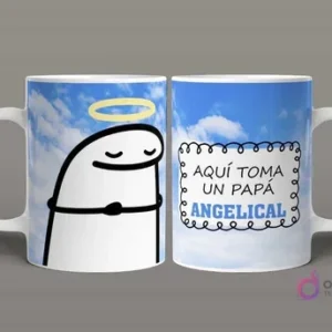 Taza sublimada Flork Padre Angelical con Flork con aureola sobre fondo de cielo azul y nubes, y texto "Aquí toma un papá ANGELICAL"