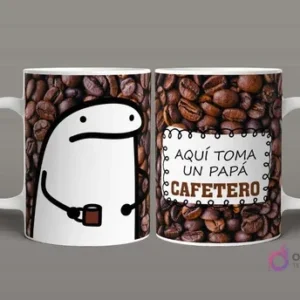 Taza sublimada Flork Padre Cafetero con Flork tomando café sobre fondo de granos de café, y texto 