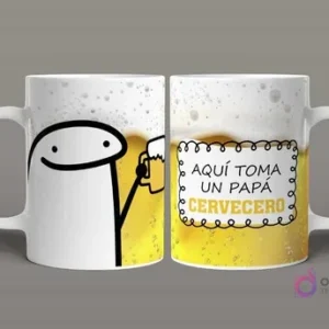 Taza sublimada Flork Padre Cervecero con Flork brindando sobre fondo de espuma de cerveza y texto "Aquí toma un papá CERVECERO"