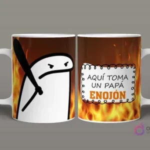 Taza sublimada Flork Padre Enojón con Flork sosteniendo un bate sobre fondo de fuego, y texto 