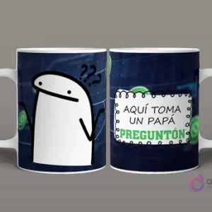 Taza sublimada Flork Padre Preguntón con Flork con signos de interrogación sobre fondo digital azul-verde, y texto 