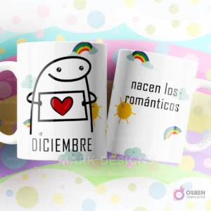 Taza de sublimación Flork de Diciembre con cartel de corazón, texto