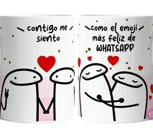 Taza sublimada con dos Flork tomados de la mano y la frase 'contigo me siento', y tres Flork abrazándose con la frase 'como el emoji más feliz de WHATSAPP' en fondo blanco con corazones rojos.