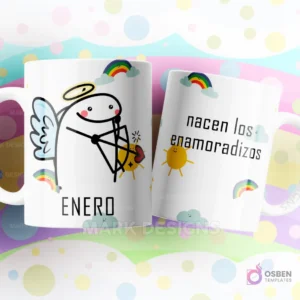 Taza de sublimación Flork de Enero disfrazado de cupido con arco y flecha, texto