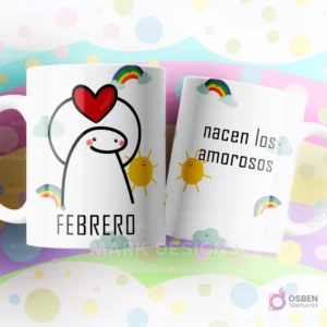 Taza de sublimación Flork de Febrero con un gran corazón sobre su cabeza, texto