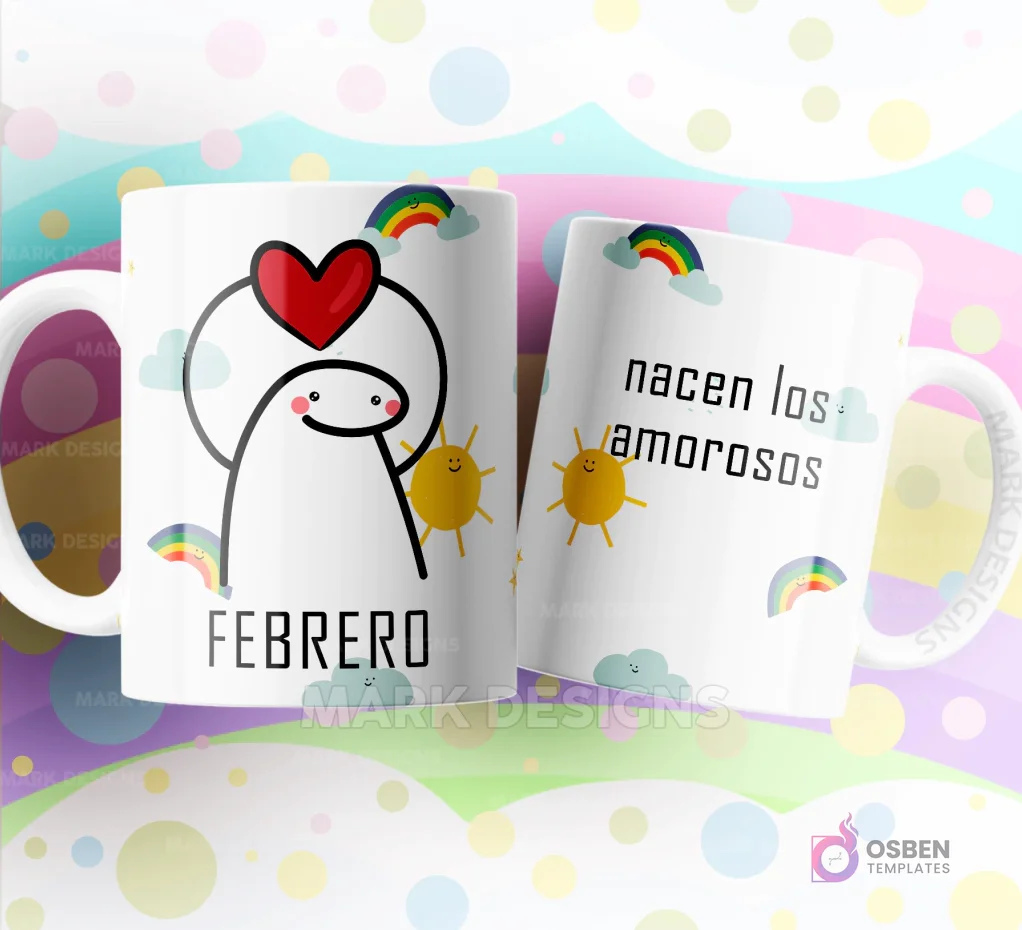 Taza de sublimación Flork de Febrero con un gran corazón sobre su cabeza, texto "nacen los amorosos" y diseño de nubes y arcoíris. Taza de sublimación Flork de Febrero con un gran corazón sobre su cabeza, texto "nacen los amorosos" y diseño de nubes y arcoíris.