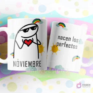 Taza de sublimación Flork de Noviembre con gafas de sol y corazón, texto