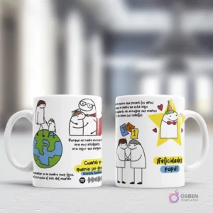 Maqueta de dos tazas blancas con diseños Flork para el Día del Padre, uno con Flork en un globo terráqueo y otro con Flork festejando y la frase '¡Felicidades papá!'