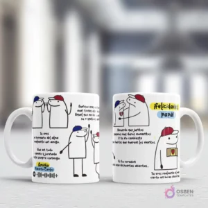 Mockup de tazas Flork del Día del Padre con diseños que muestran a Flork con gorra y un niño, incluyendo códigos Spotify y mensajes de amistad y amor paternal