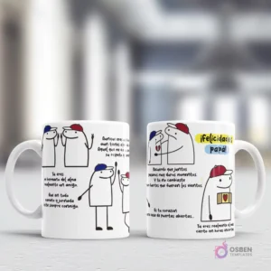Vista previa de dos tazas Flork con diseños para el Día del Padre, uno enfocado en el padre como amigo fiel y otro con mensajes de cariño y gratitud, ambos con personajes Flork con gorras