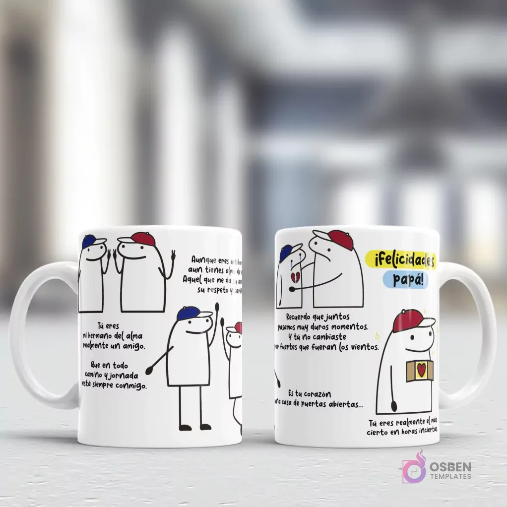 Vista previa de dos tazas Flork con diseños para el Día del Padre, uno enfocado en el padre como amigo fiel y otro con mensajes de cariño y gratitud, ambos con personajes Flork con gorras Vista previa de dos tazas Flork con diseños para el Día del Padre, uno enfocado en el padre como amigo fiel y otro con mensajes de cariño y gratitud, ambos con personajes Flork con gorras