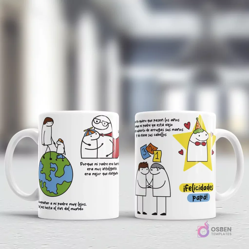 Tazas sublimadas con diseños Flork para el Día del Padre, mostrando a un Flork mayor con un Flork niño en el mundo y otro Flork con gorro de fiesta y confeti, con la frase '¡Felicidades papá!' Tazas sublimadas con diseños Flork para el Día del Padre, mostrando a un Flork mayor con un Flork niño en el mundo y otro Flork con gorro de fiesta y confeti, con la frase '¡Felicidades papá!'