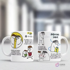 Mockup de tazas con diseños Flork para el Día del Padre, con el tema 'Mi viejo' incluyendo Spotify y mensajes sobre la sabiduría y el apoyo paternal