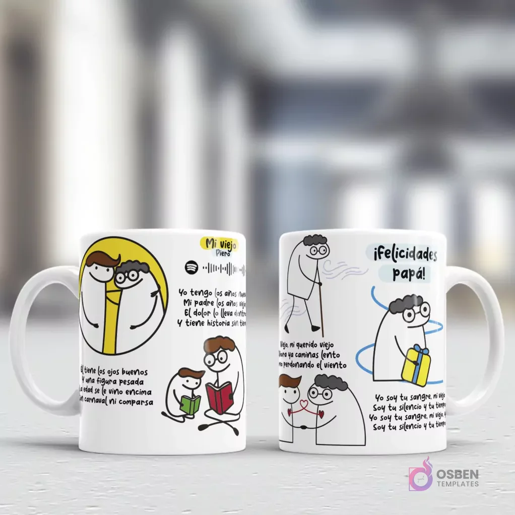 Mockup de tazas con diseños Flork para el Día del Padre, con el tema 'Mi viejo' incluyendo Spotify y mensajes sobre la sabiduría y el apoyo paternal Mockup de tazas con diseños Flork para el Día del Padre, con el tema 'Mi viejo' incluyendo Spotify y mensajes sobre la sabiduría y el apoyo paternal