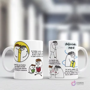 Diseños Flork para el Día del Padre en tazas, uno con abrazos y código Spotify de 'Mi viejo', y otro con Flork ofreciendo un regalo y la frase '¡Felicidades papá!', ambos con textos emotivos