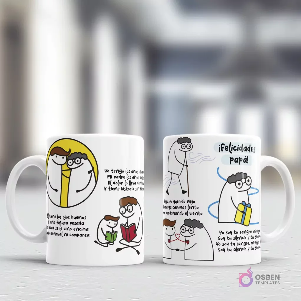 Diseños Flork para el Día del Padre en tazas, uno con abrazos y código Spotify de 'Mi viejo', y otro con Flork ofreciendo un regalo y la frase '¡Felicidades papá!', ambos con textos emotivos Diseños Flork para el Día del Padre en tazas, uno con abrazos y código Spotify de 'Mi viejo', y otro con Flork ofreciendo un regalo y la frase '¡Felicidades papá!', ambos con textos emotivos