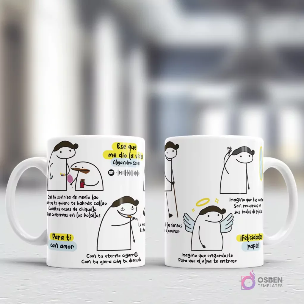 Diseños humorísticos Flork para tazas del Día del Padre, mostrando situaciones cotidianas y atributos de papá, con referencias musicales y la frase '¡Felicidades papá!' Diseños humorísticos Flork para tazas del Día del Padre, mostrando situaciones cotidianas y atributos de papá, con referencias musicales y la frase '¡Felicidades papá!'