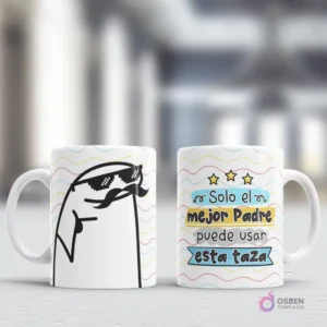 Tazas con diseño Flork 'El Mejor Padre' con Flork de gafas de sol y bigote, y texto 'Solo el mejor Padre puede usar esta taza', sobre un fondo de ondas coloridas