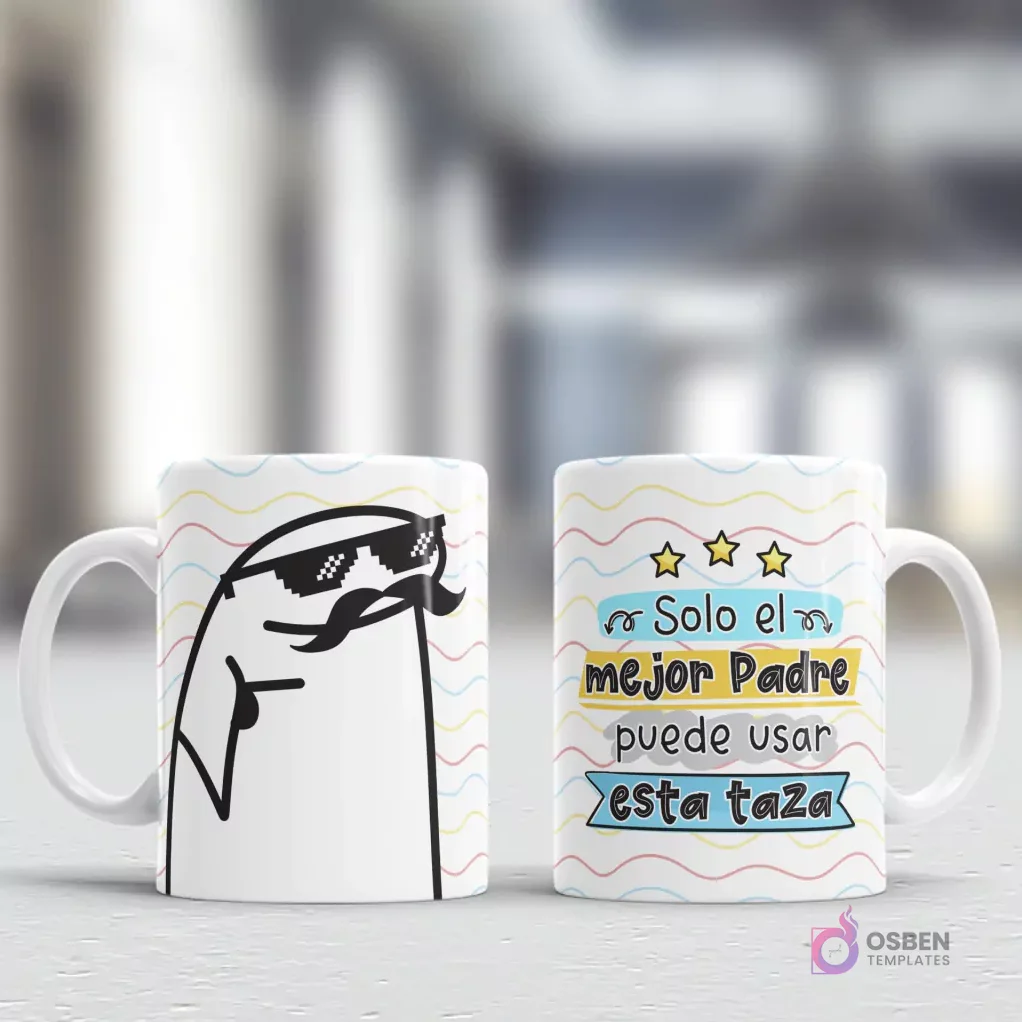 Tazas con diseño Flork 'El Mejor Padre' con Flork de gafas de sol y bigote, y texto 'Solo el mejor Padre puede usar esta taza', sobre un fondo de ondas coloridas Tazas con diseño Flork 'El Mejor Padre' con Flork de gafas de sol y bigote, y texto 'Solo el mejor Padre puede usar esta taza', sobre un fondo de ondas coloridas