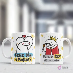 Diseños Flork de 'Feliz Día Papá' con corazón y 'Rey de la casa' con Flork coronado y cetro, sobre un fondo con pequeñas coronas, ideal para tazas del Día del Padre