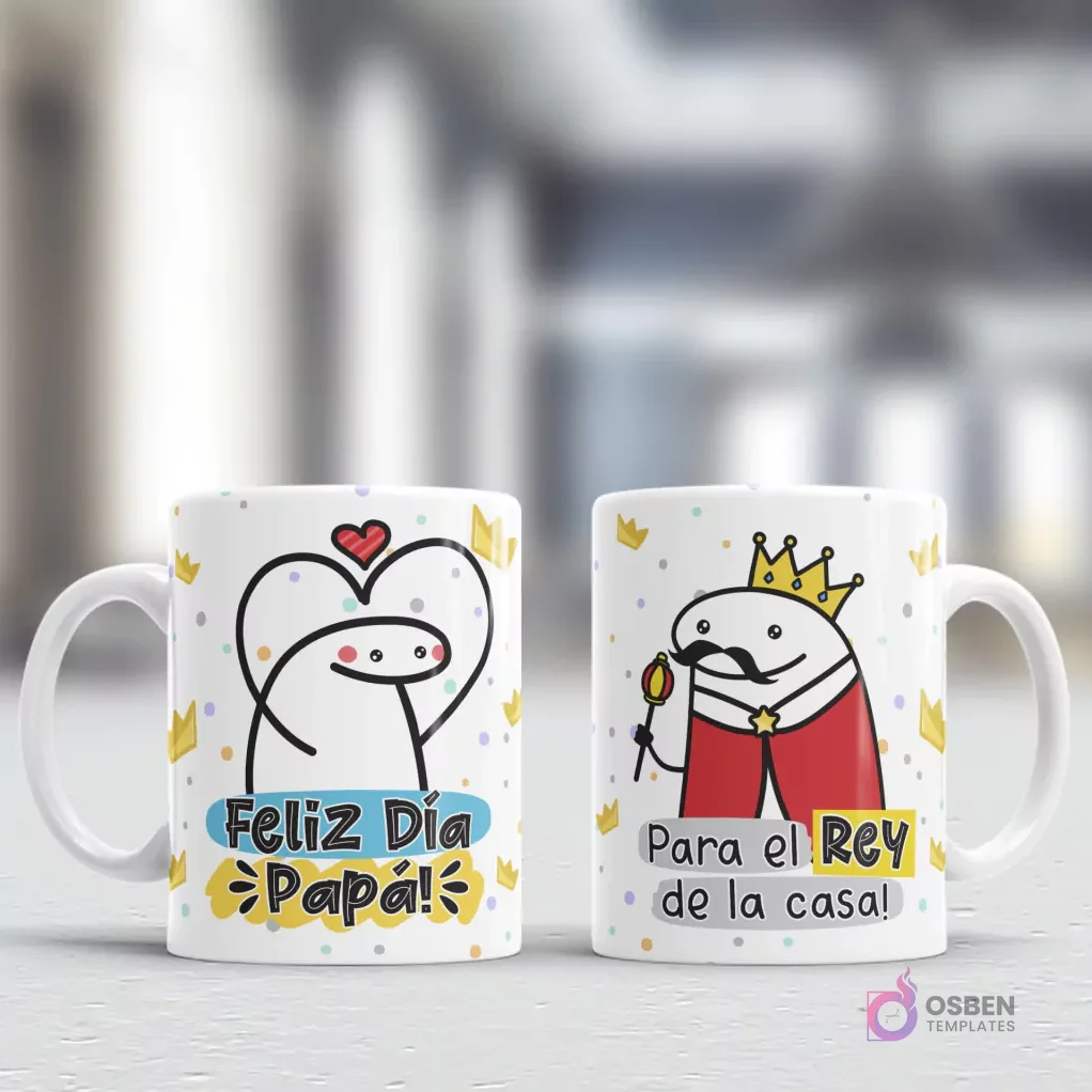 Diseños Flork de 'Feliz Día Papá' con corazón y 'Rey de la casa' con Flork coronado y cetro, sobre un fondo con pequeñas coronas, ideal para tazas del Día del Padre Diseños Flork de 'Feliz Día Papá' con corazón y 'Rey de la casa' con Flork coronado y cetro, sobre un fondo con pequeñas coronas, ideal para tazas del Día del Padre