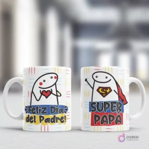 Tazas con diseños Flork 'Feliz Día del Padre' y 'SUPER PAPA' con Flork superhéroe, sobre un fondo de rayas coloridas, perfecto para tazas personalizadas