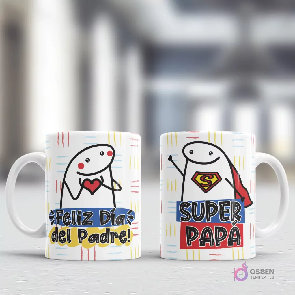Tazas con diseños Flork 'Feliz Día del Padre' y 'SUPER PAPA' con Flork superhéroe, sobre un fondo de rayas coloridas, perfecto para tazas personalizadas Tazas con diseños Flork 'Feliz Día del Padre' y 'SUPER PAPA' con Flork superhéroe, sobre un fondo de rayas coloridas, perfecto para tazas personalizadas