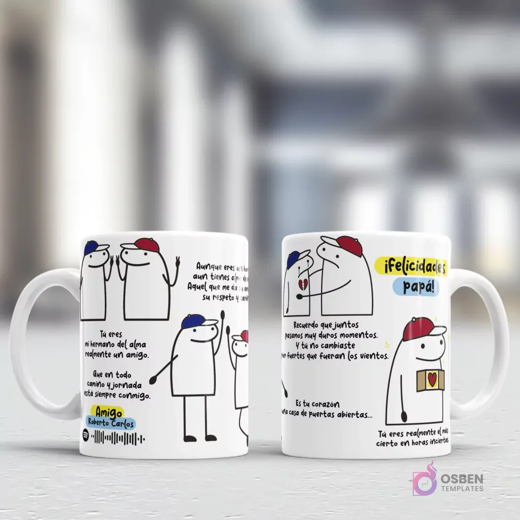 Diseños de tazas Flork para el Día del Padre que resaltan la figura del padre como amigo y soporte, con imágenes de Flork con gorra y mensajes de cariño y gratitud Diseños de tazas Flork para el Día del Padre que resaltan la figura del padre como amigo y soporte, con imágenes de Flork con gorra y mensajes de cariño y gratitud