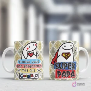 Mockup de tazas con diseños Flork para el Día del Padre: 'Gracias papá por enseñarme más que Google' y 'SUPER PAPA', sobre un patrón geométrico
