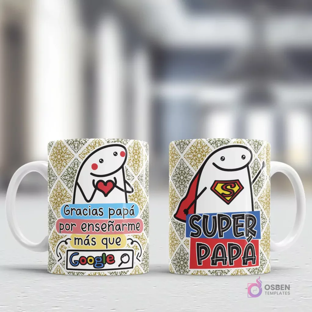 Mockup de tazas con diseños Flork para el Día del Padre: 'Gracias papá por enseñarme más que Google' y 'SUPER PAPA', sobre un patrón geométrico Mockup de tazas con diseños Flork para el Día del Padre: 'Gracias papá por enseñarme más que Google' y 'SUPER PAPA', sobre un patrón geométrico