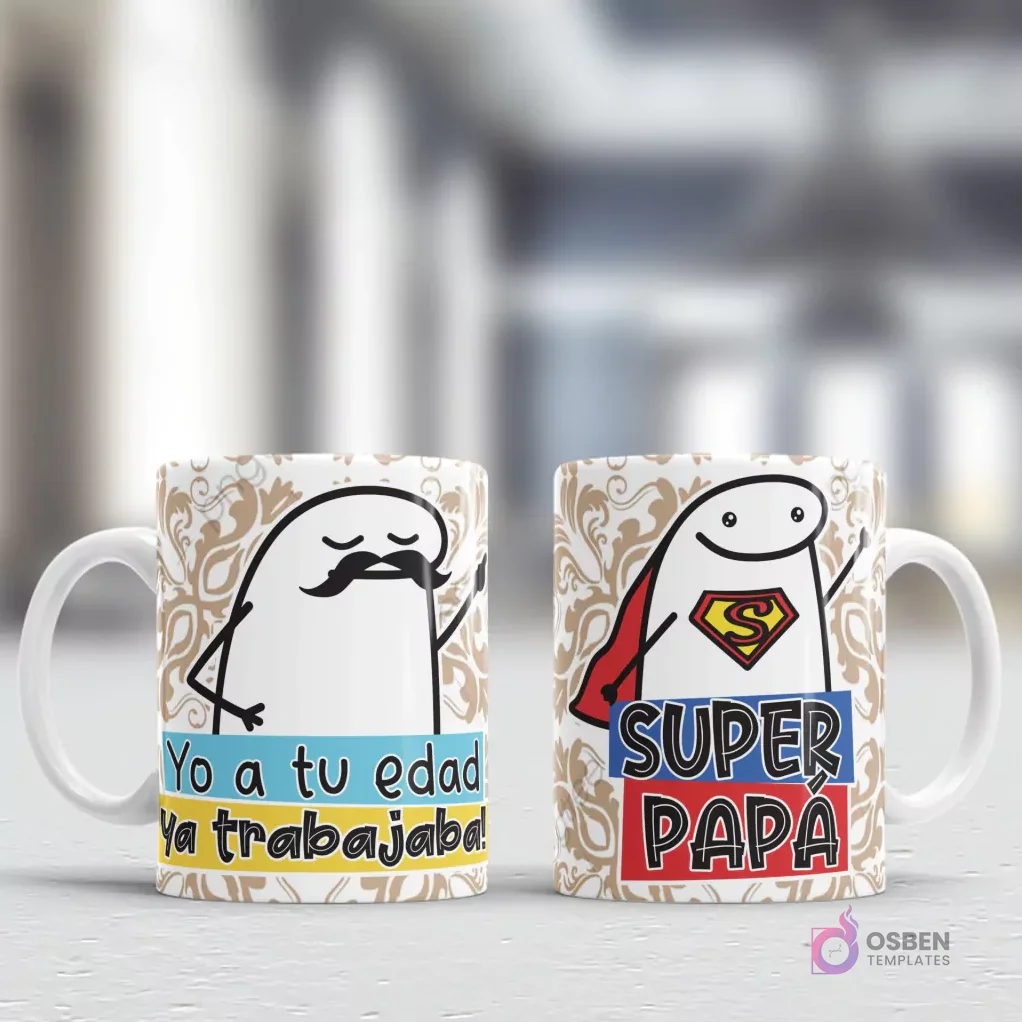 Tazas con diseños Flork del Día del Padre que combinan humor, como 'Yo a tu edad ya trabajaba!', con la figura del 'SUPER PAPA', sobre un fondo geométrico marrón Tazas con diseños Flork del Día del Padre que combinan humor, como 'Yo a tu edad ya trabajaba!', con la figura del 'SUPER PAPA', sobre un fondo geométrico marrón
