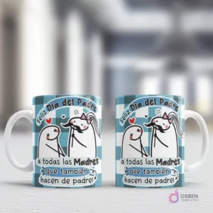 Tazas con diseño Flork inclusivo para el Día del Padre: 'Feliz Día del Padre a todas las Madres que también hacen de padre!', sobre un fondo de cuadros azules