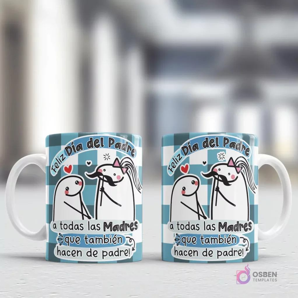Tazas con diseño Flork inclusivo para el Día del Padre: 'Feliz Día del Padre a todas las Madres que también hacen de padre!', sobre un fondo de cuadros azules Tazas con diseño Flork inclusivo para el Día del Padre: 'Feliz Día del Padre a todas las Madres que también hacen de padre!', sobre un fondo de cuadros azules