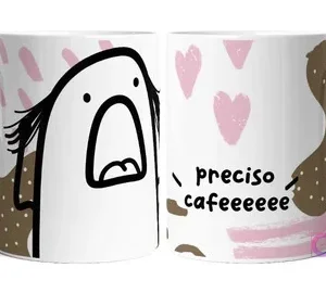 Taza sublimada con Flork blanco gritando y texto 'preciso cafeeee' en un fondo con manchas de café y corazones rosas.