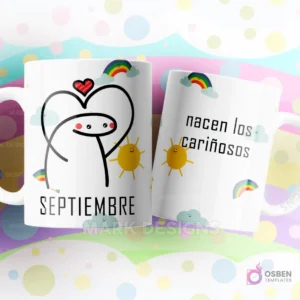 Taza de sublimación Flork de Septiembre con un gran corazón sobre su cabeza, texto
