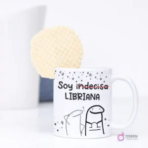 Taza de sublimación con diseño de Flork de Libra y la frase 'Soy indecisa LIBRIANA', mostrando un Flork pensativo y otro con una balanza. Una galleta waffle se asoma por detrás.