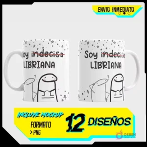 Pack de 12 diseños de Flork para tazas del zodíaco, mostrando dos tazas con el diseño de Flork indeciso de Libra y las leyendas 'INCLUYE MOCKUP', '12 DISEÑOS', 'FORMATO PNG' y 'ENVÍO INMEDIATO'.