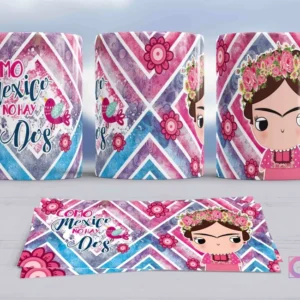 Taza de sublimación con diseño de Frida Kahlo en estilo chibi con corona floral rosa y vestido rosa, sobre un fondo geométrico diagonal en tonos rosas y azules con detalles florales, y la frase patriótica 'Como México no hay dos'.